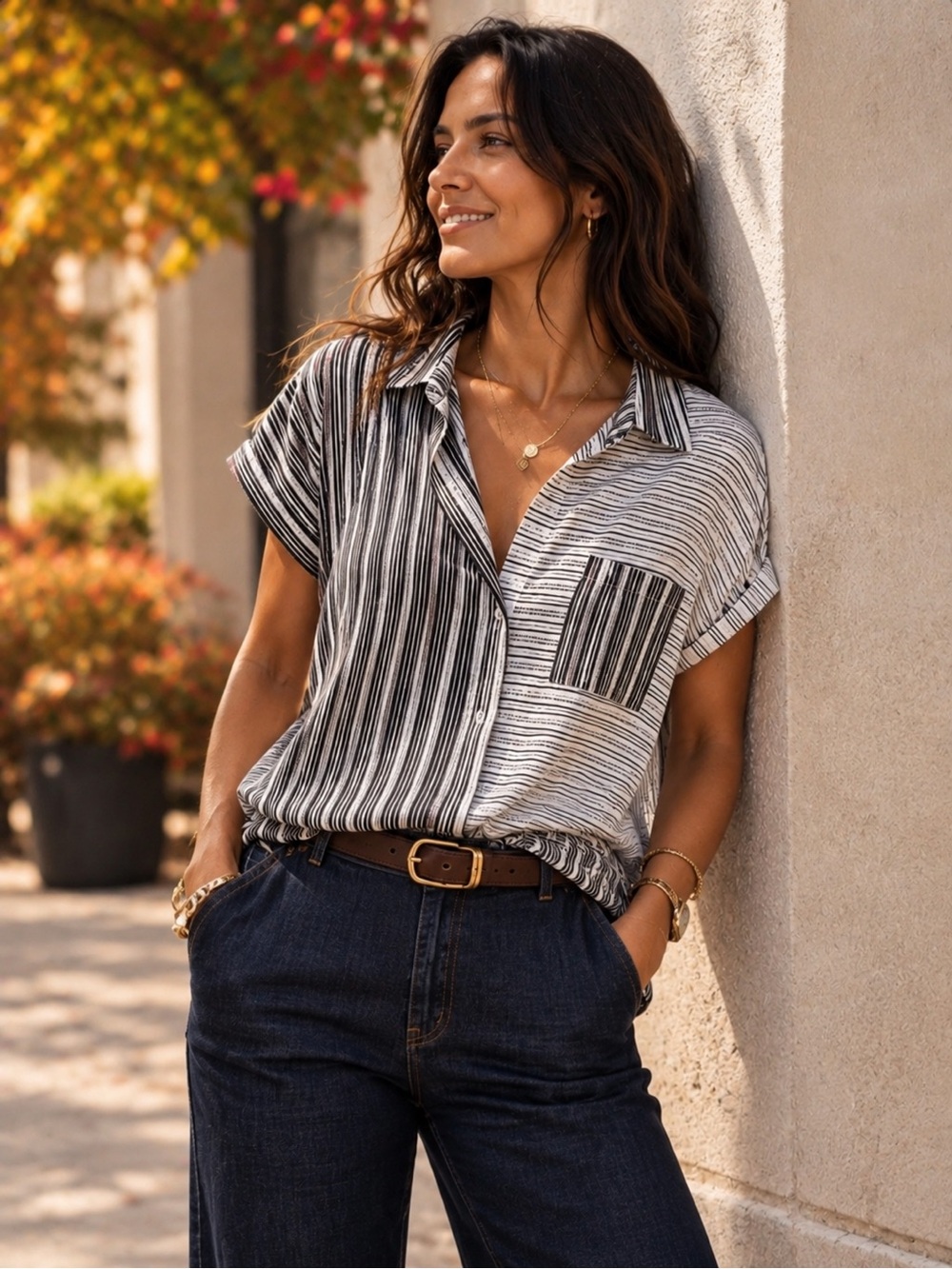 Yest Striped Button-Up Shirt — Black & White